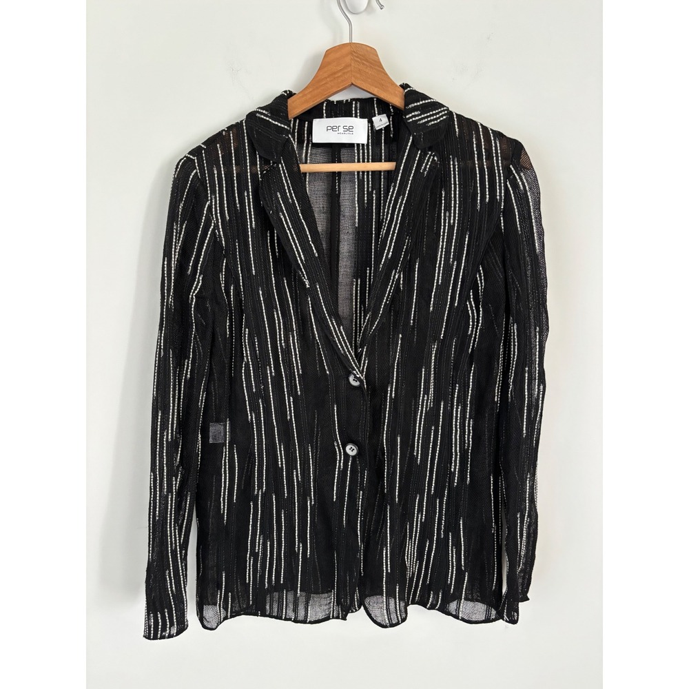 Per Se by Carlisle Sheer Linen Silk Stripe Blazer Jacket Black White Size 4